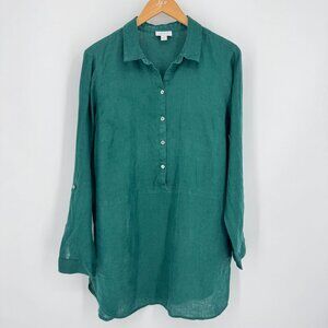 J Jill Love Linen Shirt Womens Green Button Front Tunic Top M Long Sleeve Loose